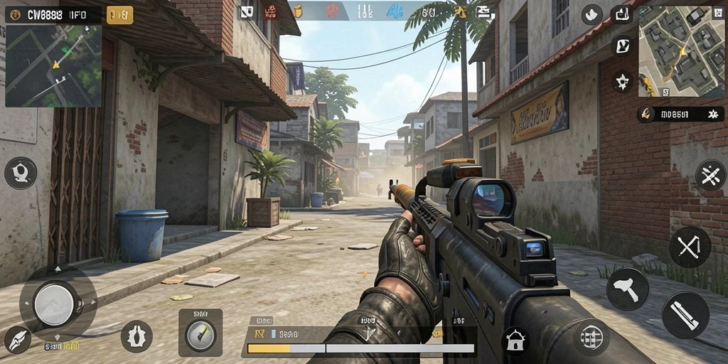 Screenshot CW8888 menunjukkan aksi intens dalam pertempuran FPS.