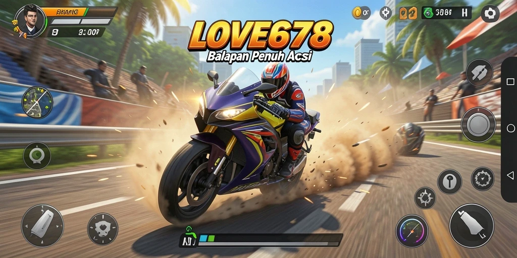 Tampilan gameplay LOVE678 dengan motor balap yang cepat dan trek menantang.