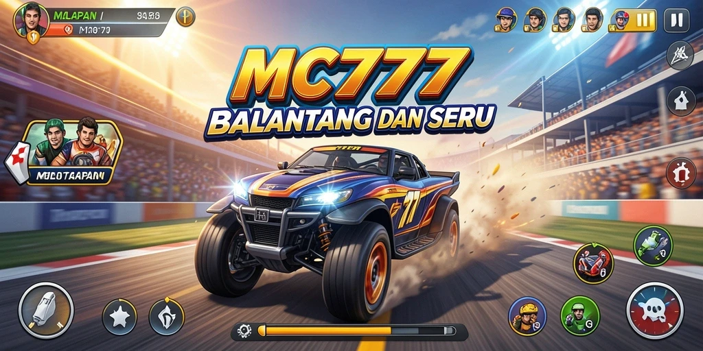 Tangkapan layar utama MC777 menampilkan aksi balapan yang mendebarkan.