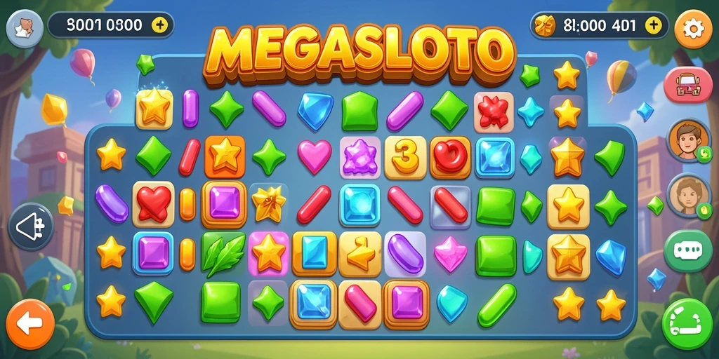 Tampilan gameplay seru MEGASLOTO dengan elemen match-3.