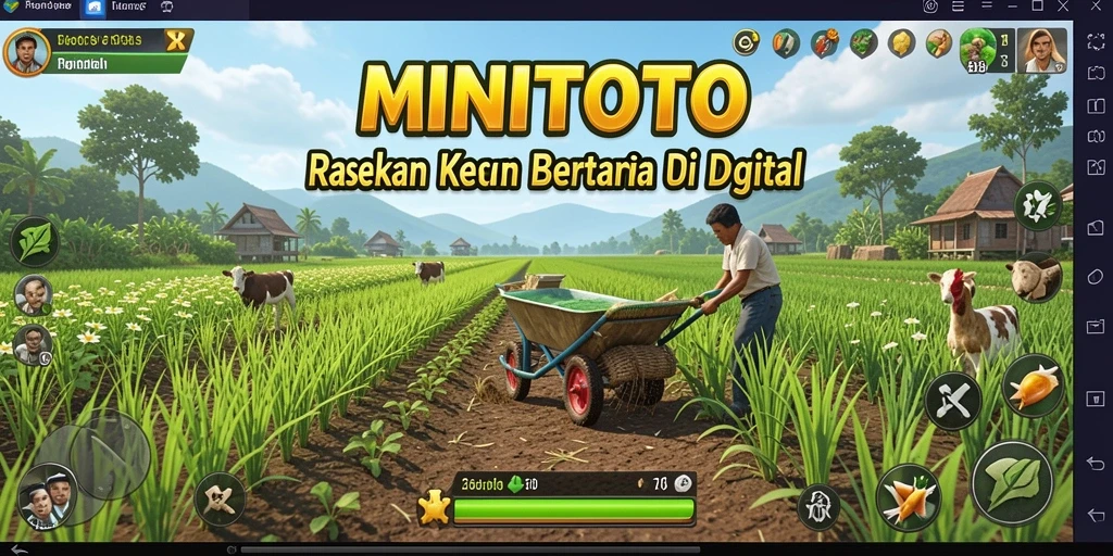 Screenshot gameplay MINITOTO menampilkan kebun yang hijau dan aktivitas bertani.