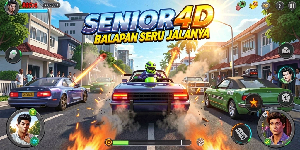 Tampilan balapan seru di SENIOR4D dengan mobil dan trek yang menantang.