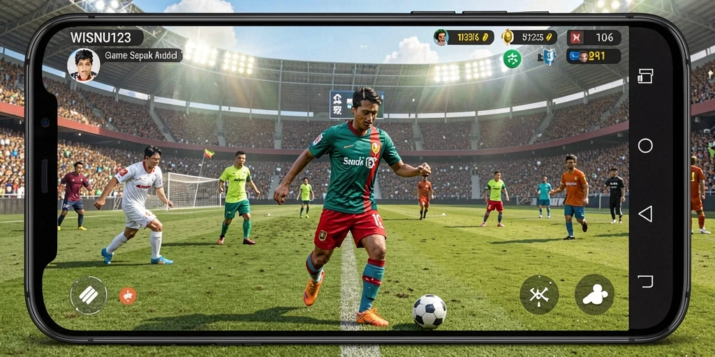 Screenshot gameplay WISNU123 dengan aksi pertandingan sepak bola yang intens.